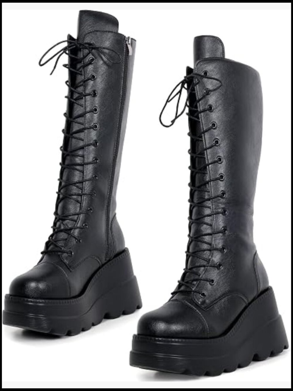 Black Chunky Heel Platform Boots Mid Calf Lace Up Combat Booties Punk Rave Shoes